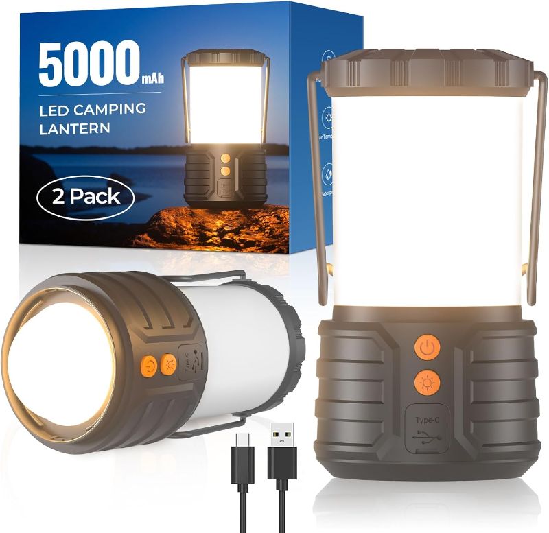 Photo 1 of 2 Pack Camping Lantern,Led Camping Lanterns,5000mAh Rechargeable Battery Emergency Lights for Power Outages,3 Colors,IPX4 Waterproof Portable Flashlight Camping Tent Light for Home or Hurricane Hiking