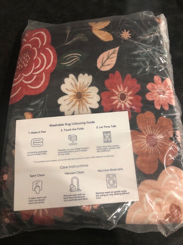 Photo 1 of Comeet Floral Washable 3x5 Low Pile Rug Bedroom Area Rug, Boho Medium Non Slip Soft Rug for Dining Room, Indoor Carpet Stain Resistan Throw Rugs for Kids Girls Living Room Black