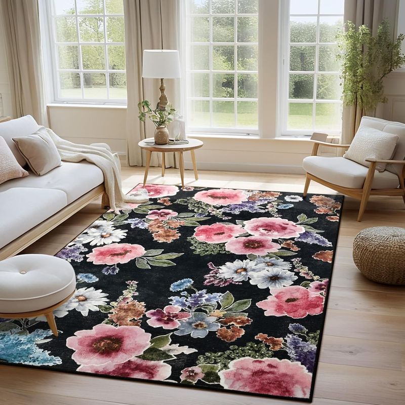 Photo 1 of Comeet Floral Washable 3x5 Low Pile Rug Bedroom Area Rug, Boho Medium Non Slip Soft Rug for Dining Room, Indoor Carpet Stain Resistan Throw Rugs for Kids Girls Living Room Black