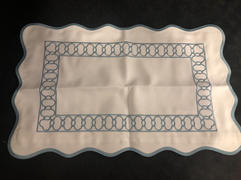 Photo 1 of Hofdeco Premium Coastal Patio Indoor Outdoor Scalloped Lumbar Pillow Cover Only, 12"x20" Water Repellent for Backyard, Couch, Baby Blue Embroidered Begonia Pattern Chain Frame