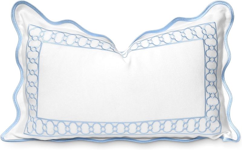 Photo 1 of Hofdeco Premium Coastal Patio Indoor Outdoor Scalloped Lumbar Pillow Cover Only, 12"x20" Water Repellent for Backyard, Couch, Baby Blue Embroidered Begonia Pattern Chain Frame
