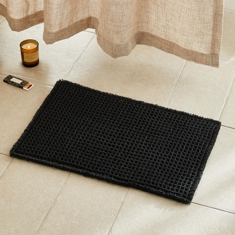 Photo 1 of Black Bathroom Rug, Waffle Bath Mat Non Slip Washable Super Absorbent Quick Dry Boho Farmhouse Bathroom Decor, 24"x16" Black
