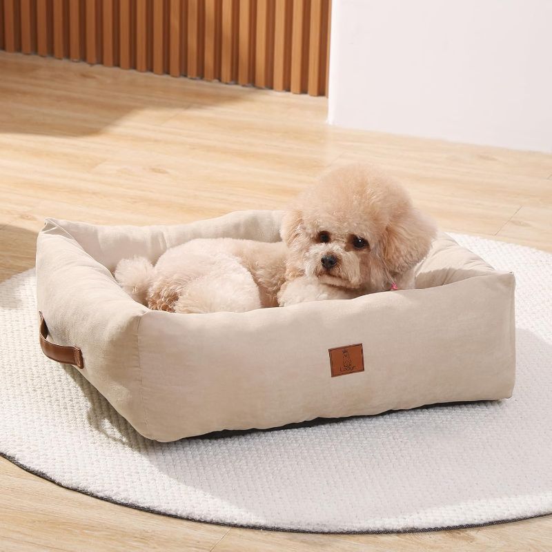 Photo 1 of 25In Dog Bed for Small Medium Sized Dogs - Washable Rectangle Puppy Bed for Indoor, Cozy Pet Bed with Support Pillow & Non-Slip Bottom(Beige, Medium)
