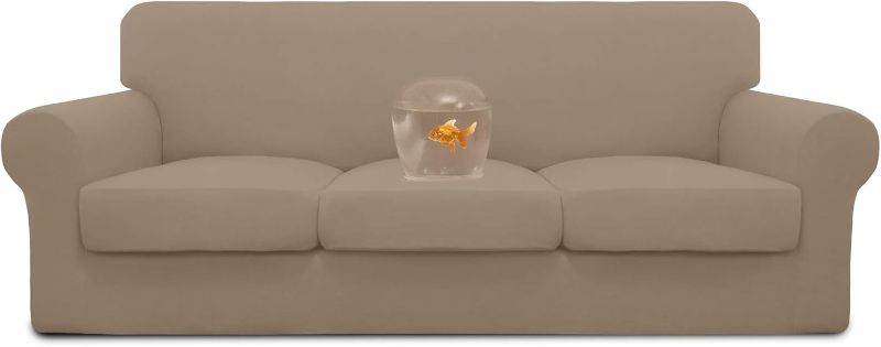 Photo 1 of Easy-Going 100% Dual Waterproof 4 Pieces Oversized Cover Stretch Soft Couch Cover for Dogs, Sofa Slipcover for 3 Separate Cushion Couch Leakproof Furniture Protector for Kids, Pets Camel