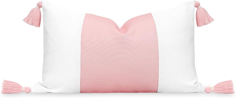 Photo 1 of Hofdeco Premium Coastal Patio Indoor Outdoor Lumbar Pillow Cover Only, 12"x20" Water Repellent for Backyard, Couch, Blush Pink Color Block with Tassels
