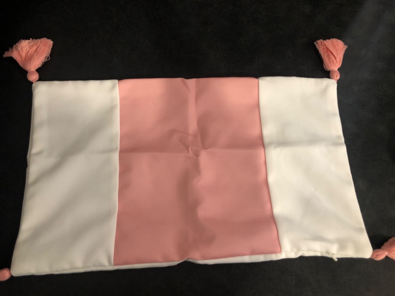 Photo 1 of Hofdeco Premium Coastal Patio Indoor Outdoor Lumbar Pillow Cover Only, 12"x20" Water Repellent for Backyard, Couch, Blush Pink Color Block with Tassels