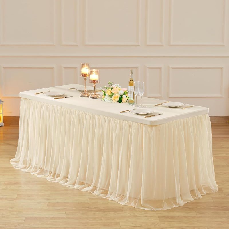 Photo 1 of 6ft Champagne Tulle Tablecloths for Rectangle Tables Stretch Rectangular Table Cloths Wrinkle Free 6 Foot Table Cover with Tutu Skirt for Wedding Birthday Party Banquet Buffet Cake Desk Skirt
