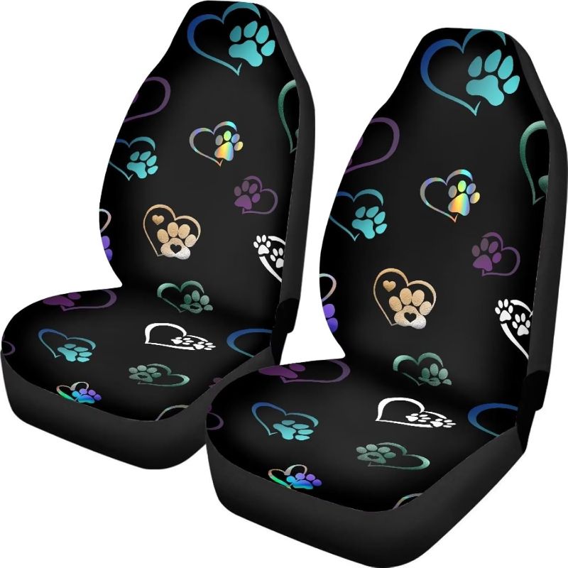 Photo 1 of Colorful Heart Dog Paw Print Car Seat Covers Full Set of 2, Cloth Seat for Auto Front Seats, Black Bucket Seat Covers for Cars Washable and Breathable Car Accessories for Sedan Truck SUV