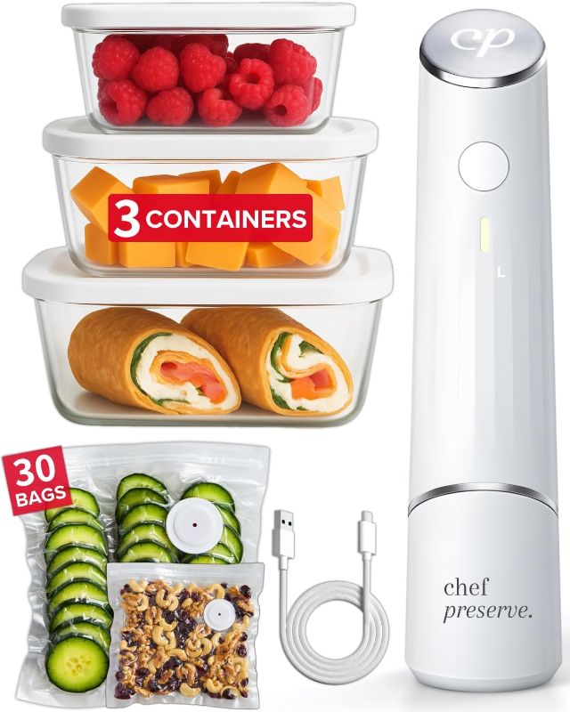 Photo 1 of Chef Preserve Compact Vacuum Sealer for Food (Vacuum Sealer Machine + 3 Glass Vacuum Containers + 30 Reusable Vacuum Bags) Powerful Handheld Vacuum Seal Machine, Seal Meal Saver, Portable Food Sealer