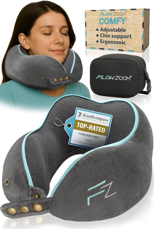 Photo 1 of FLOWZOOM Memory Foam Travel Pillow for Airplanes & Car Rides - Adjustable Airplane Pillow with 360° Chin and Neck Support for Comfy Naps, Extra-Soft Washable Neck Pillow Cover, Squeezy Mesh Bag - Grey