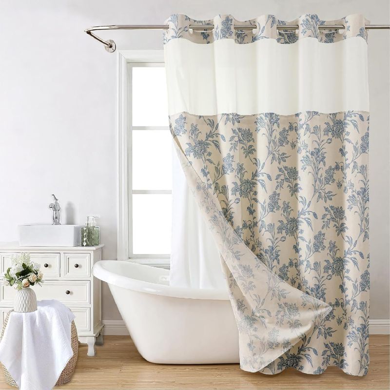 Photo 1 of No Hook Shower Curtain with Snap in Liner Blue Floral Cotton Linen Cottagecore Shower Curtain for Bathroom 72" W x 75" L