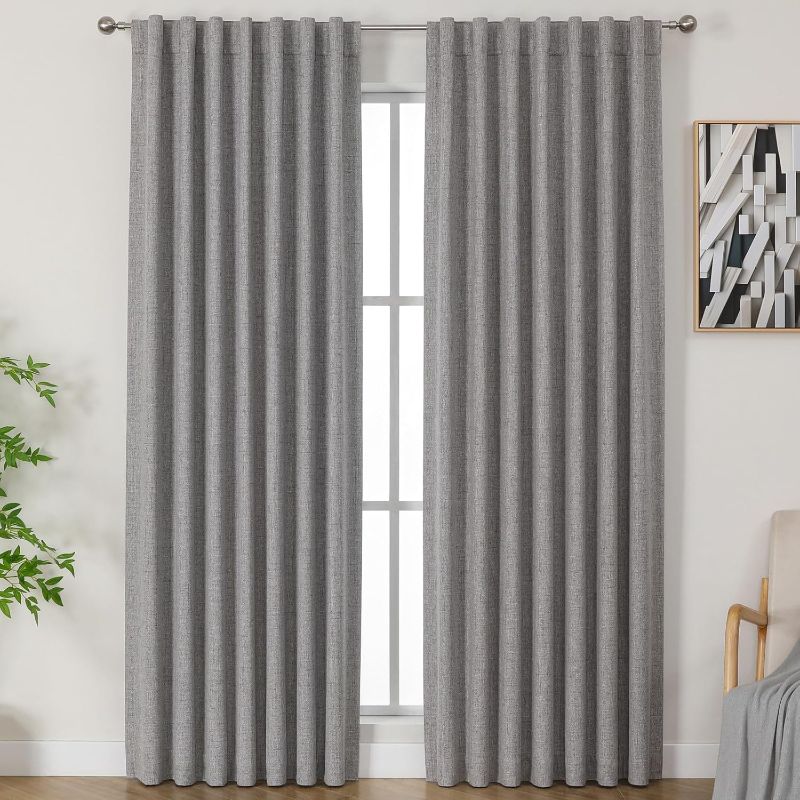 Photo 1 of Airwill Linen Curtains 96 inches Long 100% Blackout Drapes 2 Panels Set for Bedroom Living Room Black Out Darkening Curtain Thermal Insulated Back tab Rod Pocket(52x96 Inch,Light Grey)