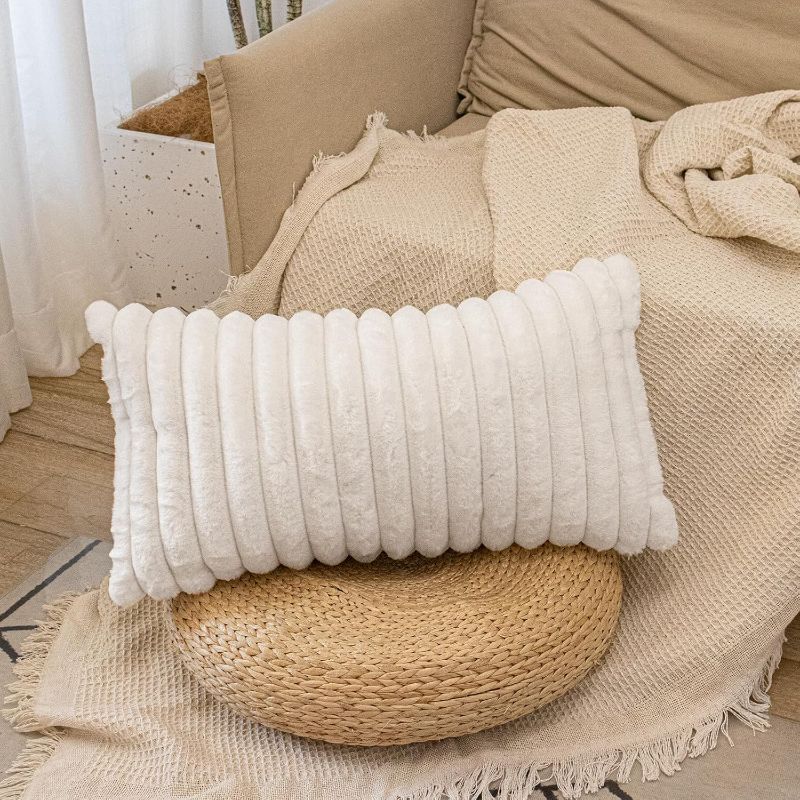 Photo 1 of Faux Fur Lumbar Pillow Cover 14 x 26 inch, Cream Double-Sided Throw Pillow Cover Luxurious Soft Couch Cover Case Home Decor for Sofa Bed Living Room, ONLY 1 Cover