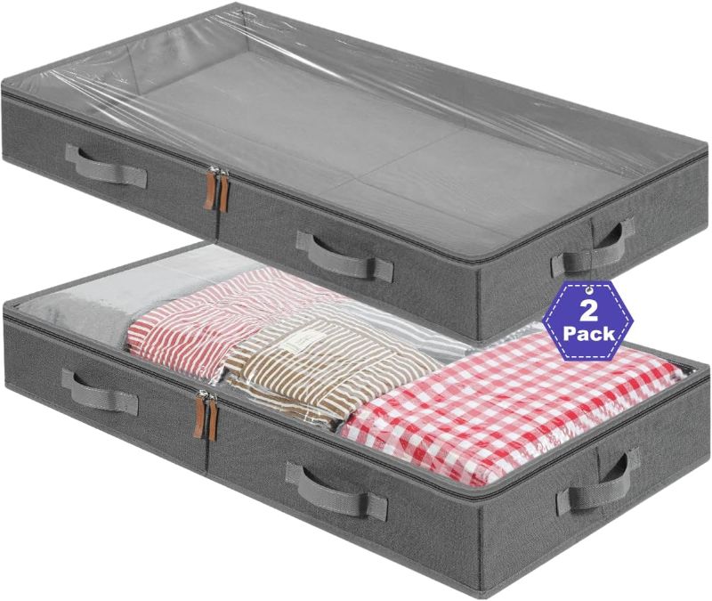 Photo 1 of 2-Pack Under Bed Storage Containers,4.7 Inches Tall Low Profile Underbed Closet Organizers and Storage Bins?Foldable with Sturdy Sidewalls/Bottom/Handles for Blankets,Comforter,Linen Sheets