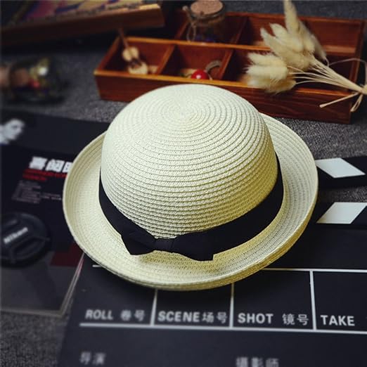 Photo 1 of BinaryABC Summer Straw Sun Hat for Women & Kids (Fits Head Circumference 57cm) | Lightweight Bowler Beach Cap for Small Heads,Adjustable & Breathable – Beige