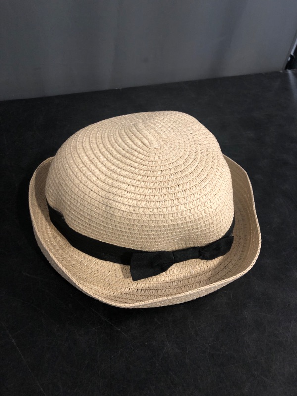 Photo 1 of BinaryABC Summer Straw Sun Hat for Women & Kids (Fits Head Circumference 57cm) | Lightweight Bowler Beach Cap for Small Heads,Adjustable & Breathable – Beige