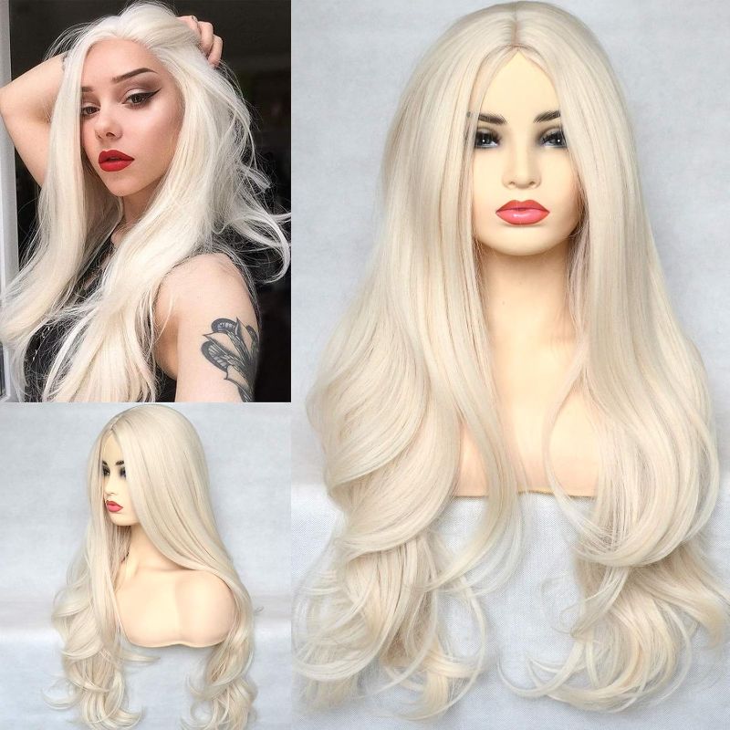 Photo 1 of Platinum Blonde 60# Synthetic 13x4x1 T-Lace Front Wig Long Natural Wavy Heat Resistant Synthetic Hair Replacement Full Wigs Middle Part for Women 22 Inch