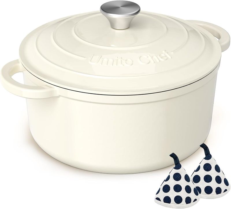 Photo 1 of Enameled Cast Iron Dutch Oven - Umite Chef 5QT Pot with Lid & Cotton Potholders - Heavy-Duty Cookware for Bread Baking, Braising, Stews, Roasting(Cream White)