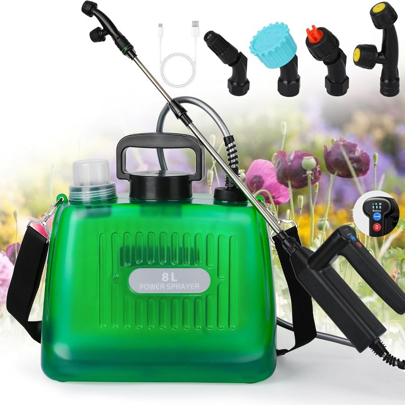 Photo 1 of Battery Powered Sprayer 2 Gallon, Electric Sprayer with 4 Mist Nozzles, USB Rechargeable Handle, 32in telescopic Wand, Garden Sprayer with Adjustable Shoulder Strap for Lawn, Garden, Cleaning