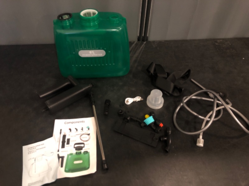 Photo 1 of Battery Powered Sprayer 2 Gallon, Electric Sprayer with 4 Mist Nozzles, USB Rechargeable Handle, 32in telescopic Wand, Garden Sprayer with Adjustable Shoulder Strap for Lawn, Garden, Cleaning