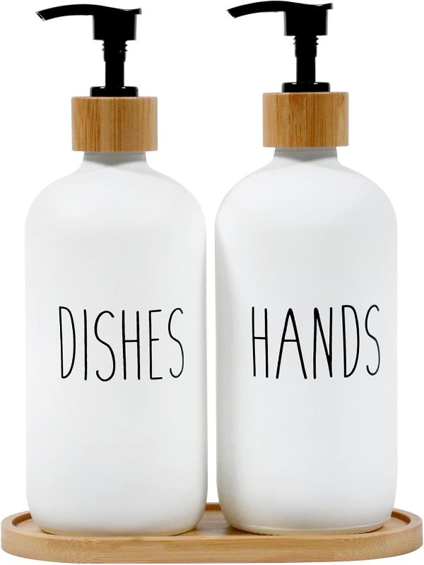Photo 1 of Funly mee 2 Pack Farmhouse Glass Soap Dispenser Set with Wood Tray, Hand Soap and Dish Soap Dispenser Set for Kitchen and Bathroom (White -2pack)