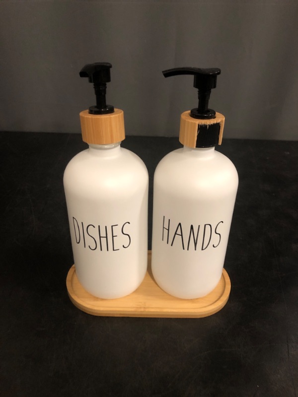 Photo 1 of Funly mee 2 Pack Farmhouse Glass Soap Dispenser Set with Wood Tray, Hand Soap and Dish Soap Dispenser Set for Kitchen and Bathroom (White -2pack)