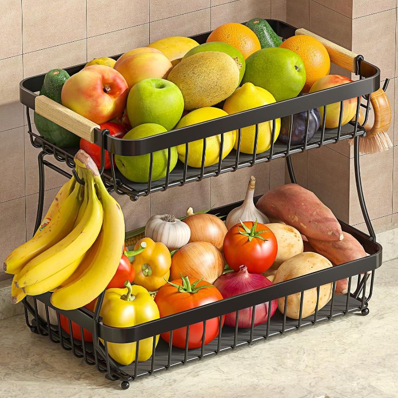 Photo 1 of 2 Tier Fruit Basket for Kitchen Counter with 2 Mobile Banana Hangers, 2025 Pro Detachable Metal Fruit Bowl with Wooden Handle, Fruit Holder for Bread Snack Veggies with Protective Mats