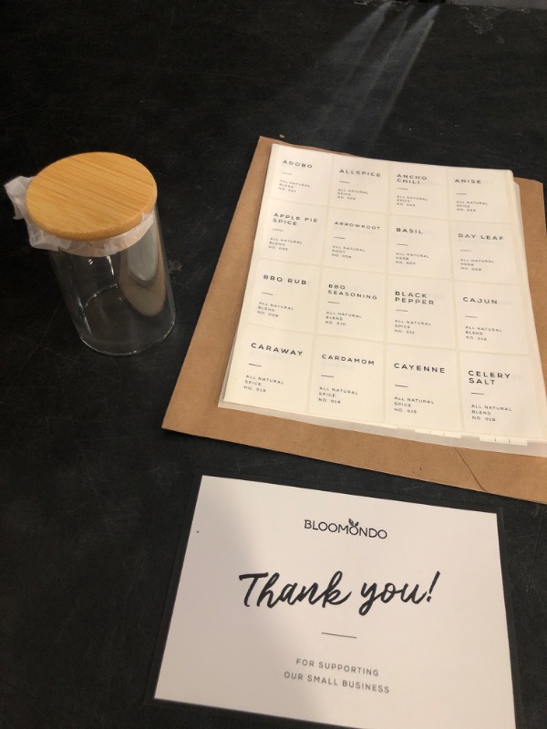 Photo 1 of Empty Spice Jars with Label Pack (12x Bamboo Lid Glass Jar). Small 6oz Spice Storage Bottles with 112 Printed Stickers and 48 Writable Pantry Labels for Seasoning Containers