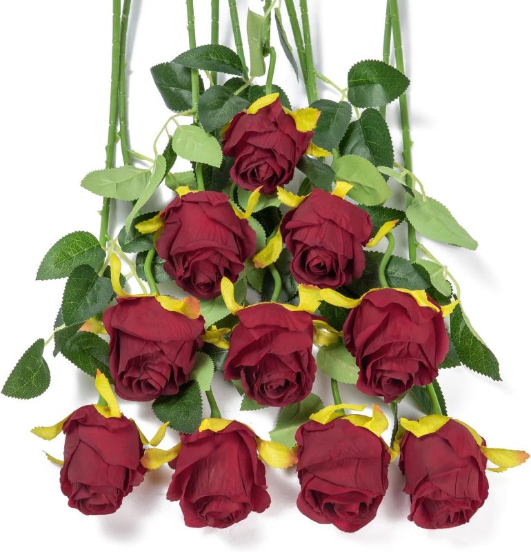 Photo 1 of DuHouse 10pcs Artificial Silk Roses Fake Flowers Bouquet Long Stems for Wedding Home Party Decoration(Dark Red)