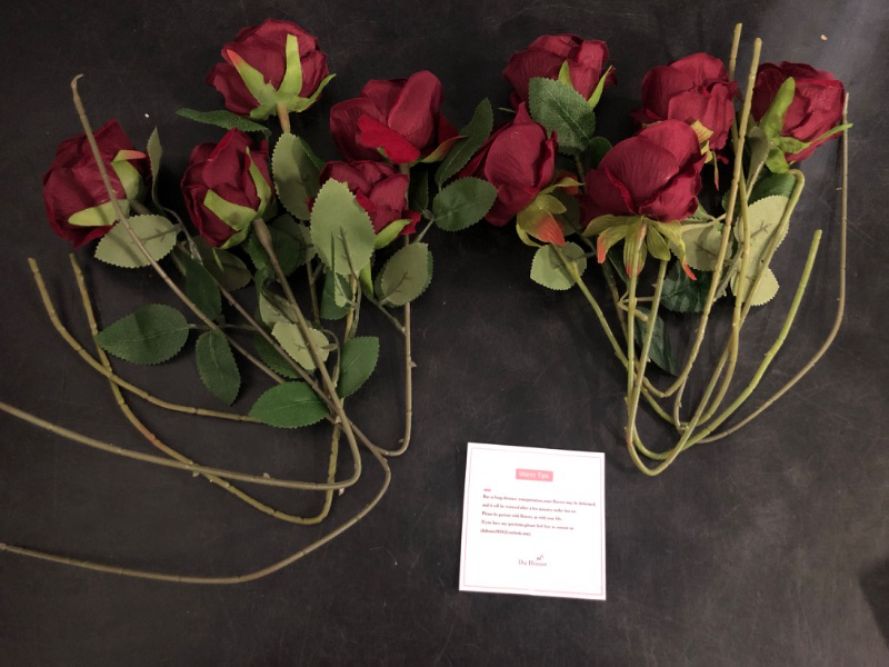 Photo 1 of DuHouse 10pcs Artificial Silk Roses Fake Flowers Bouquet Long Stems for Wedding Home Party Decoration(Dark Red)
