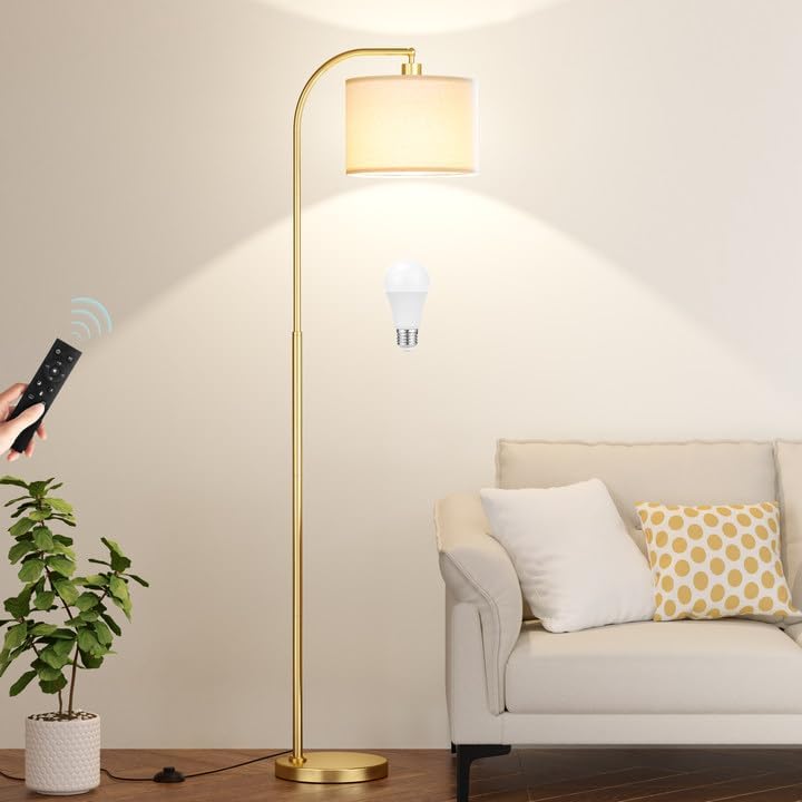Photo 1 of Arc Floor Lamp with Remote and Stepless Dimmable Bulb, Colors Temperature & Brightness Adjustable, Gold Floor Lamps for Living Room Deep Beige Shade & Gold Pole