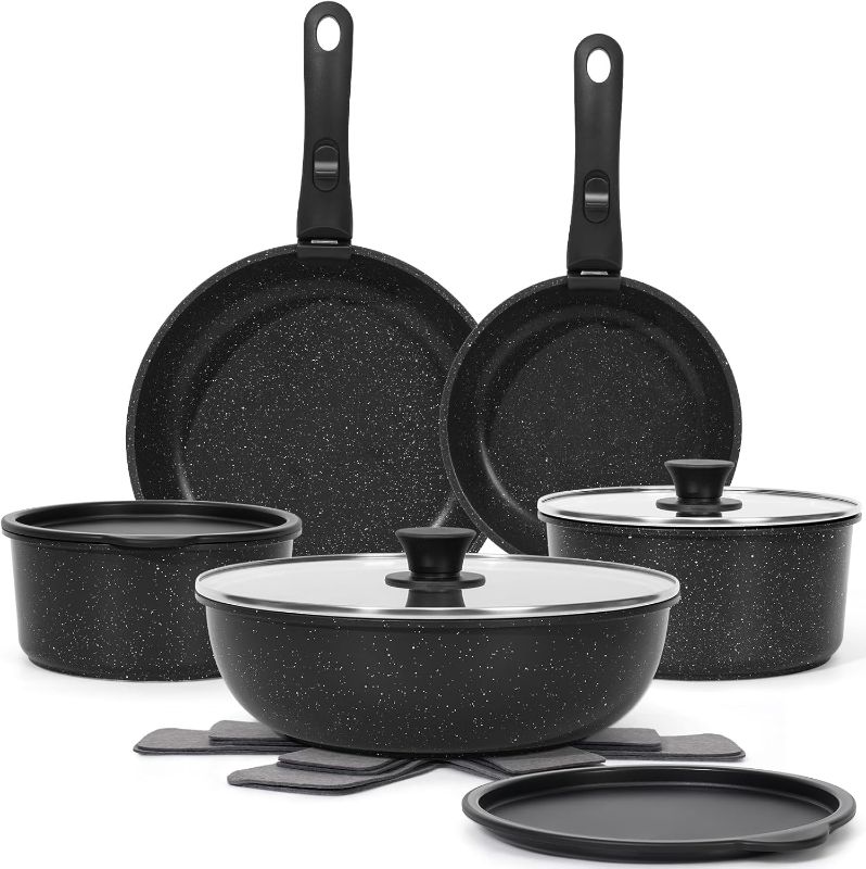 Photo 1 of 15Pcs Pots and Pans Set Non Stick, Cookware Sets with Detachable Handle, Nonstick RV Kitchen Cooking Tools Removable Handles, Oven Safe, Induction Fast, Stackable Induction Cookware,Black
