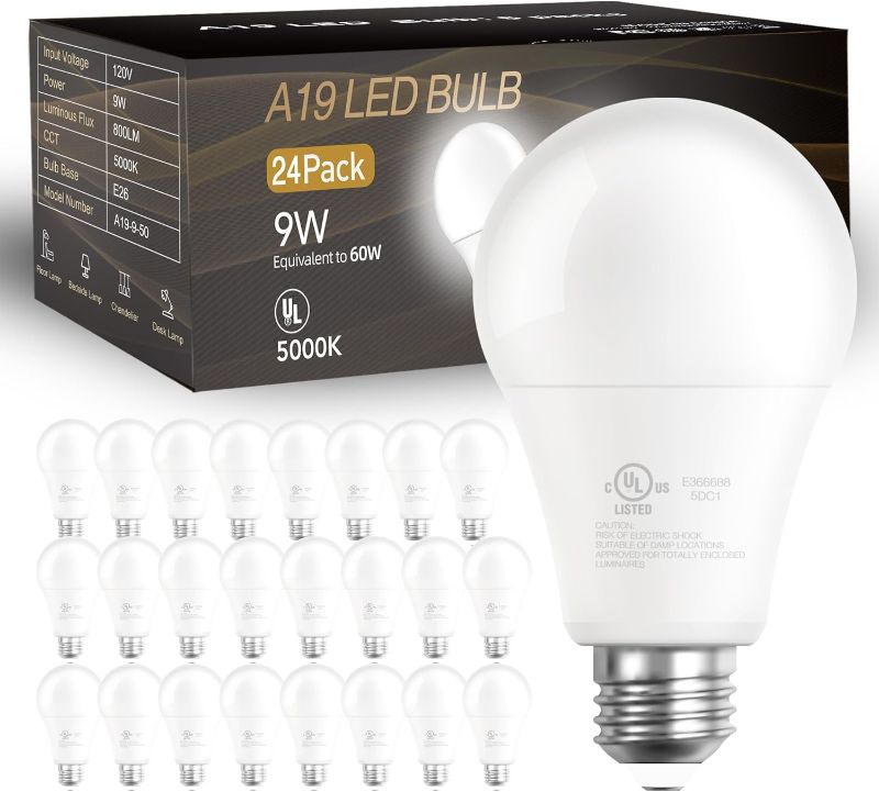 Photo 1 of DAYBETTER 24 Pack A19 LED Light Bulbs, 60 Watt Equivalent LED Bulbs, Long Lifespan High Brightness 800LM Daylight White 5000K, E26 Standard Base Light Bulbs...