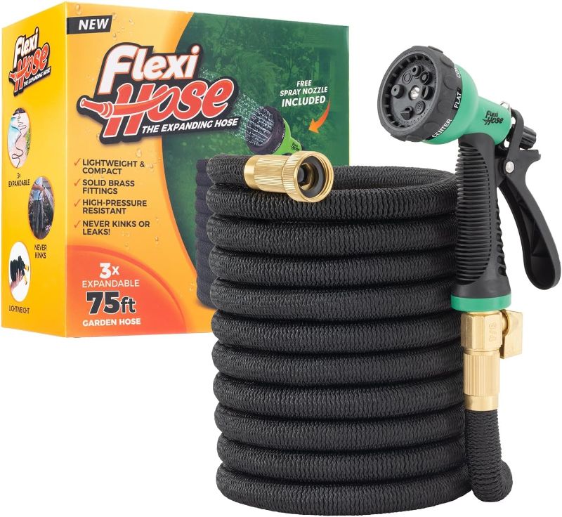 Photo 1 of Flexi Hose with 8 Function Nozzle, 75FT - Lightweight Expandable Garden Hose, No-Kink Flexibility, 3/4 Inch Solid Brass Fittings and Double Latex Core
