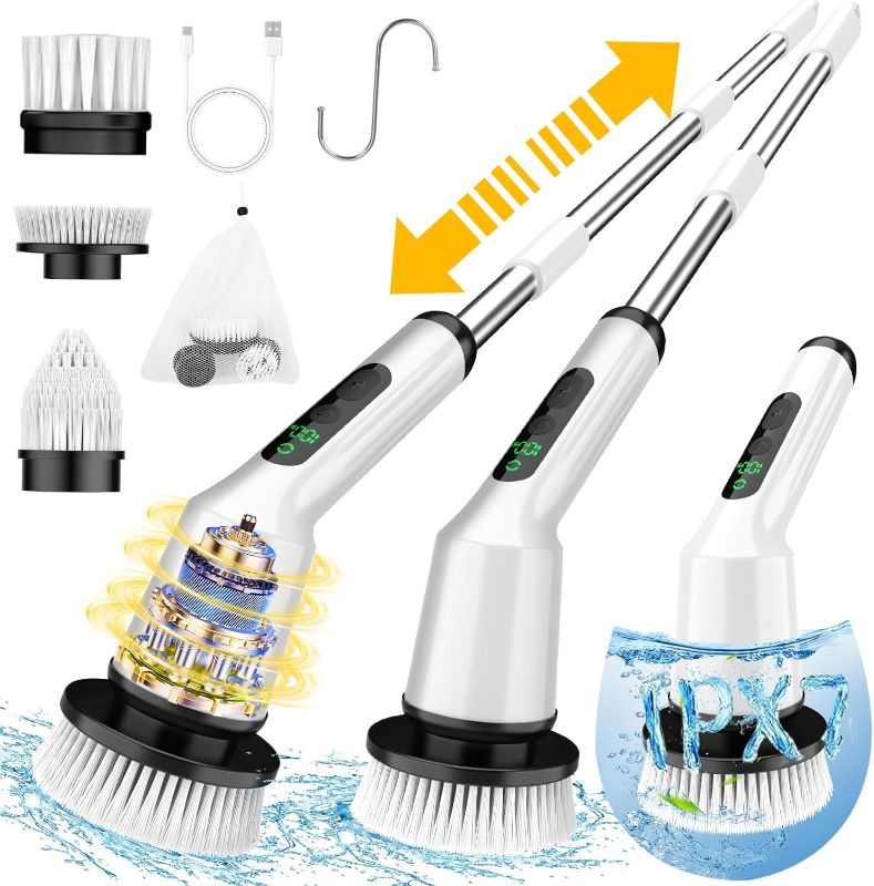 Photo 1 of Electric Spin Scrubber for Cleaning Bathroom, Shower Scrubber Cordless Cleaning Brush with IPX7 Waterproof & 2 Speed, 3 Brush Heads, Bathroom Cleaning Supplies for Shower Tub Kitchen Tile Toilet White