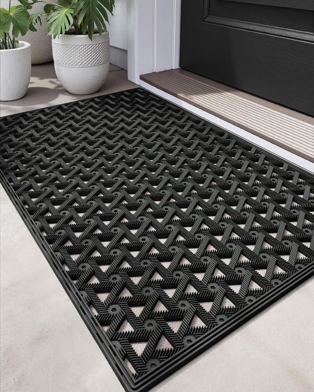 Photo 1 of DEXI Front Door Mat Outside Entrance?24x36 Rubber Floor Doormat Heavy Duty Non Slip, Dirt Trapper Waterproof Exterior Entry Mats All Weather for Patio Entryway Drainage, Black