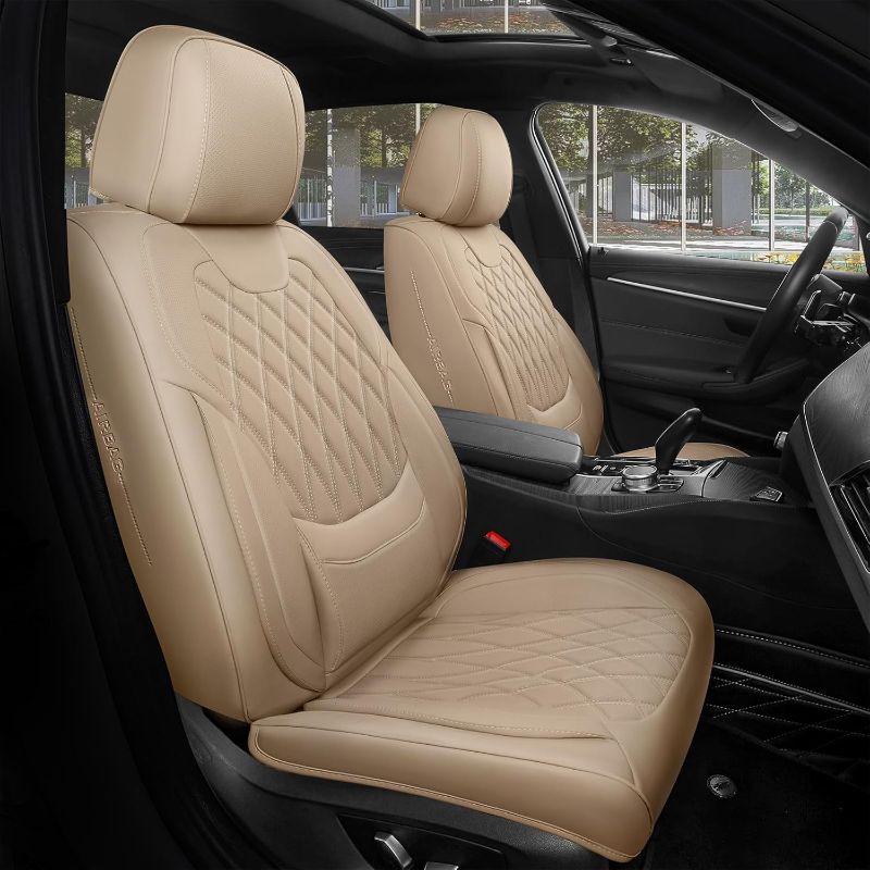 Photo 1 of FREESOO Beige Car Seat Cover Full Set - Faux Nappa Leather Seat Covers for Cars, Ultra Breathable Waterproof Front Seats Cushion Protectors with Lumbar Support, Universal Fit for Sedans SUVs Pickups