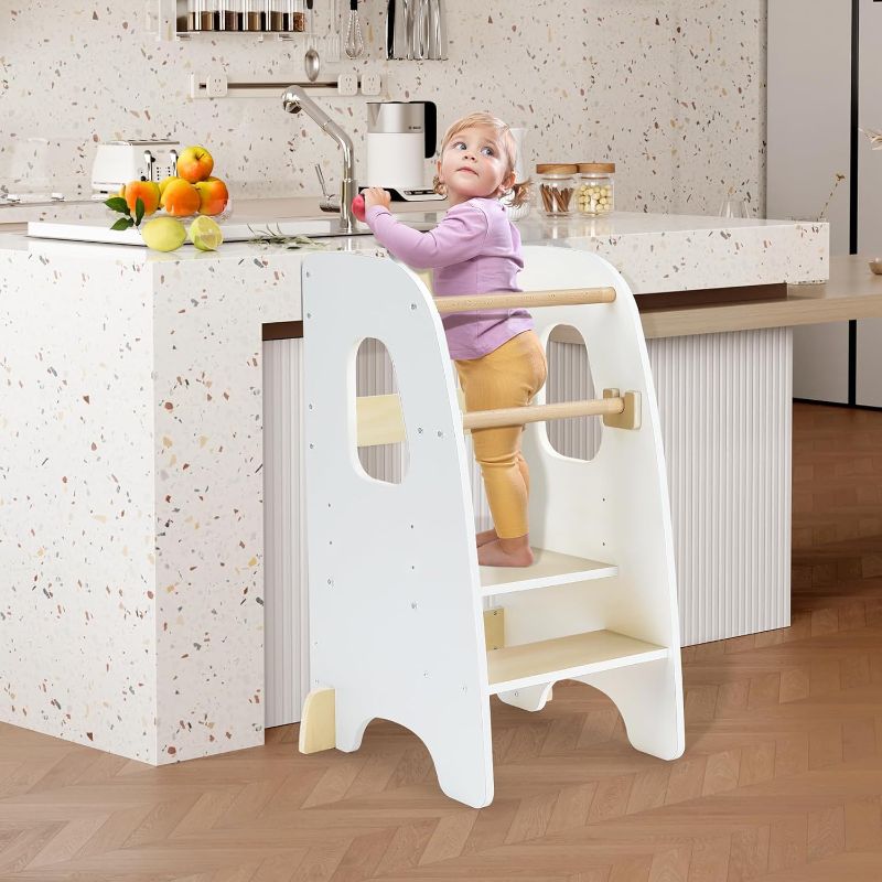 Photo 1 of Ezebaby Toddler Standing Tower, 3-Adjustable Height Toddler Kitchen Step Stool, Kids Helper Stool for Learning New Skills-White