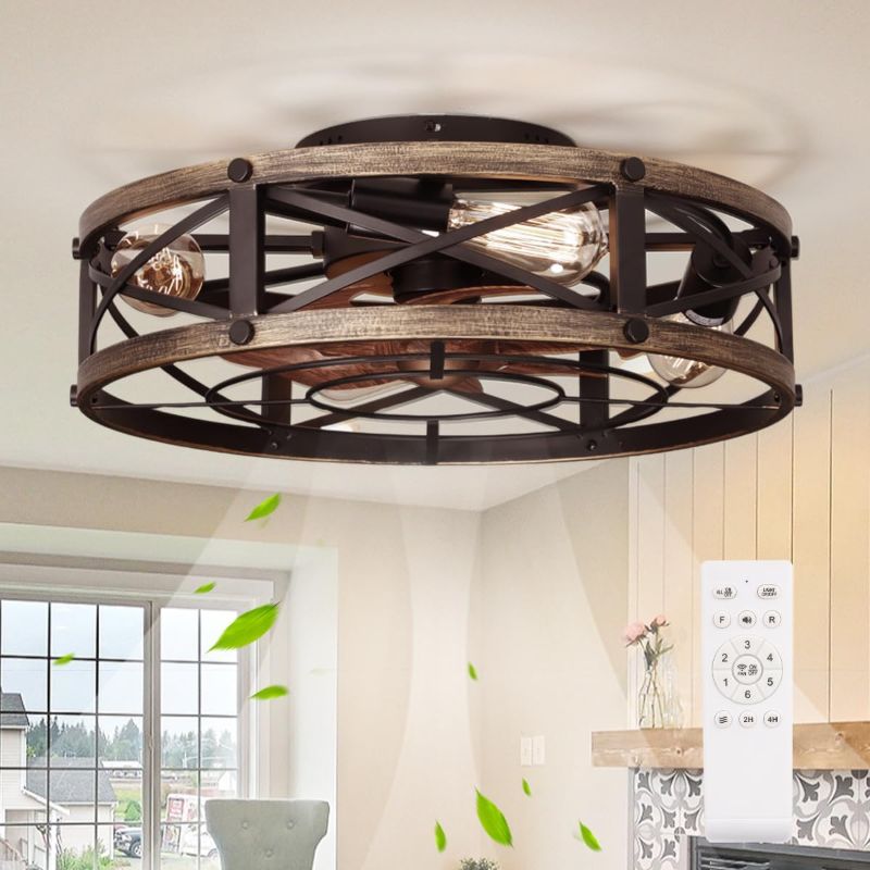 Photo 1 of 19" Farmhouse Flush Mount Caged Ceiling Fans with Lights, 6 Speeds, Rustic Low Profile Ceiling Fan with Light and Remote, Small Bladeless Ceiling Fans with Lights for Kitchen, Bedroom - ETL
