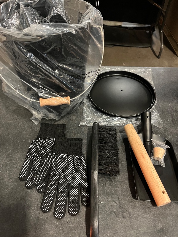 Photo 1 of 2.5 Gallon Ash Bucket with Lid - Shovel, Broom, and Gloves, Heavy Duty Galvanized Iron, Fire-Resistant, Black Finish Perfect for Fireplaces