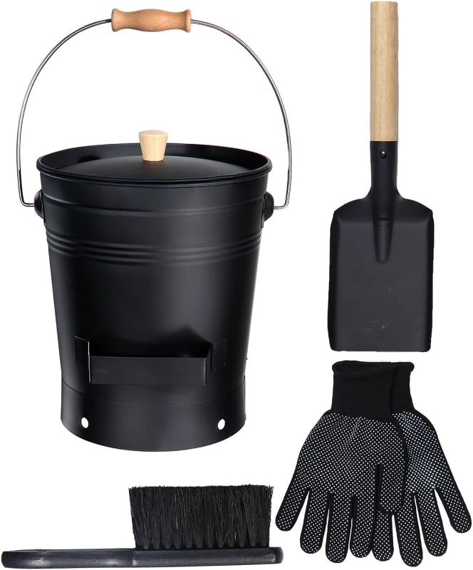 Photo 1 of 2.5 Gallon Ash Bucket with Lid - Shovel, Broom, and Gloves, Heavy Duty Galvanized Iron, Fire-Resistant, Black Finish Perfect for Fireplaces