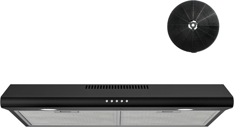 Photo 1 of FIREGAS 30 Inch Black Under Cabinet Range Hood, Ducted/Ductless Convertible Kitchen Vent Hood with LED Light, 3-Speed Exhaust Fan, Push Button Control, Slim Stove Hood for Modern Kitchen