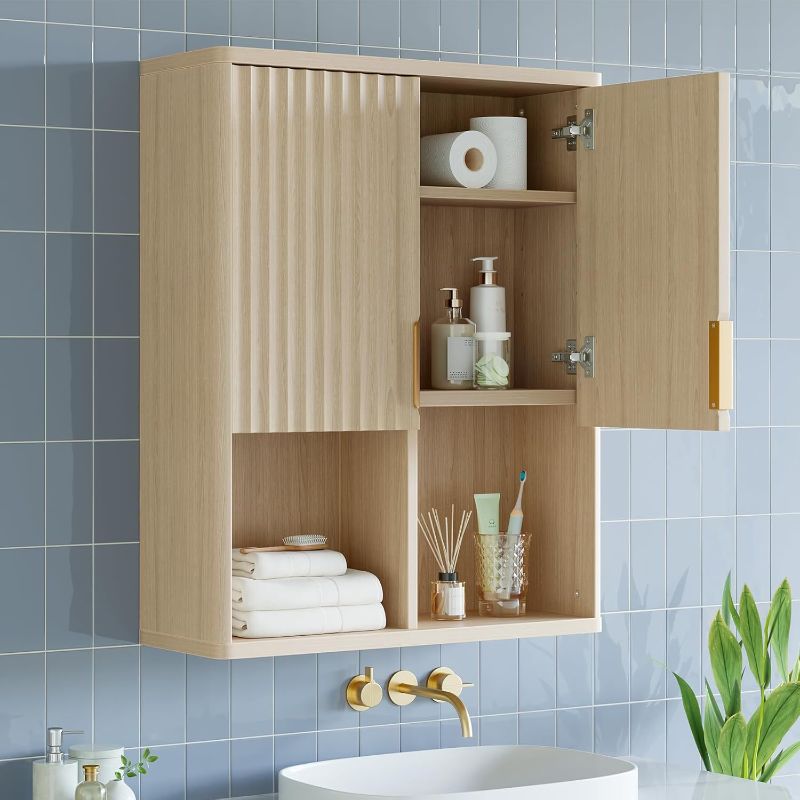 Photo 1 of Bestier Fluted Bathroom Wall Cabinet Over The Toilet Storage, 23"x 29" Medicine Cabinet with Adjustable Shelf, Laundry Cabinet Wall Mounted and Kitchen Storage Cabinet(Natural Oak)