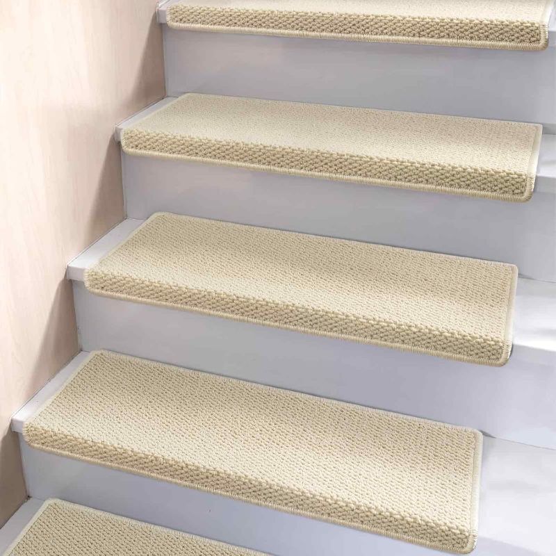 Photo 1 of Bullnose Carpet Stair Treads, Non Slip Stair Treads for Wooden Steps Indoor, Stair Runner, Soft Stair Rugs for Pets, Edging Stair Protectors, Washable, 29.5"x9.5"x1.5" 14pcs, Cream
