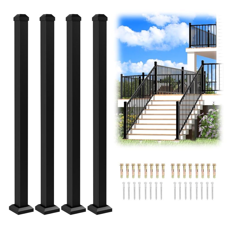 Photo 1 of 4 Pack 2.56 in. x 2.56 in. x 39 in. Aluminun Deck Railing Post with Screws, Black Textured Outdoor Powder-Coat Finish Stair Post for Decks, Porches & Balconies (4X 39in Post)
