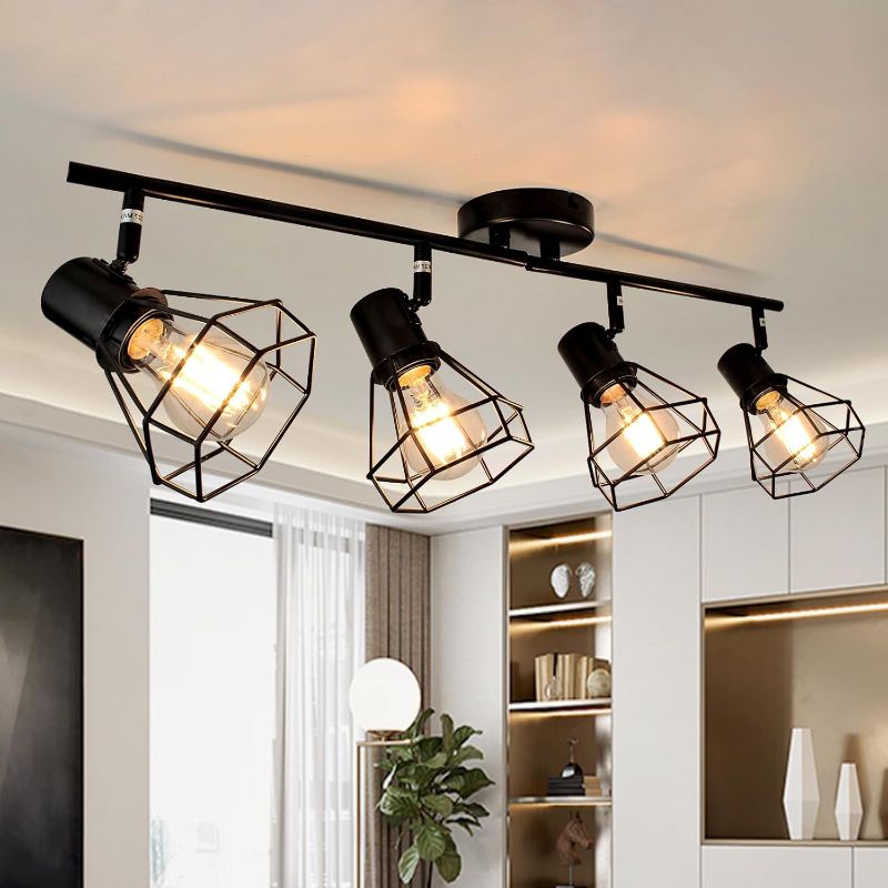 Photo 1 of HiBay 4-Light Track Lighting Farmhouse, Industrial Directional Ceiling Track Light Fixtures, Black Geometric Cage Spotlight Indoor for Kitchen, Bedroom, Hallway, E26 Base (Bulbs Not Included)