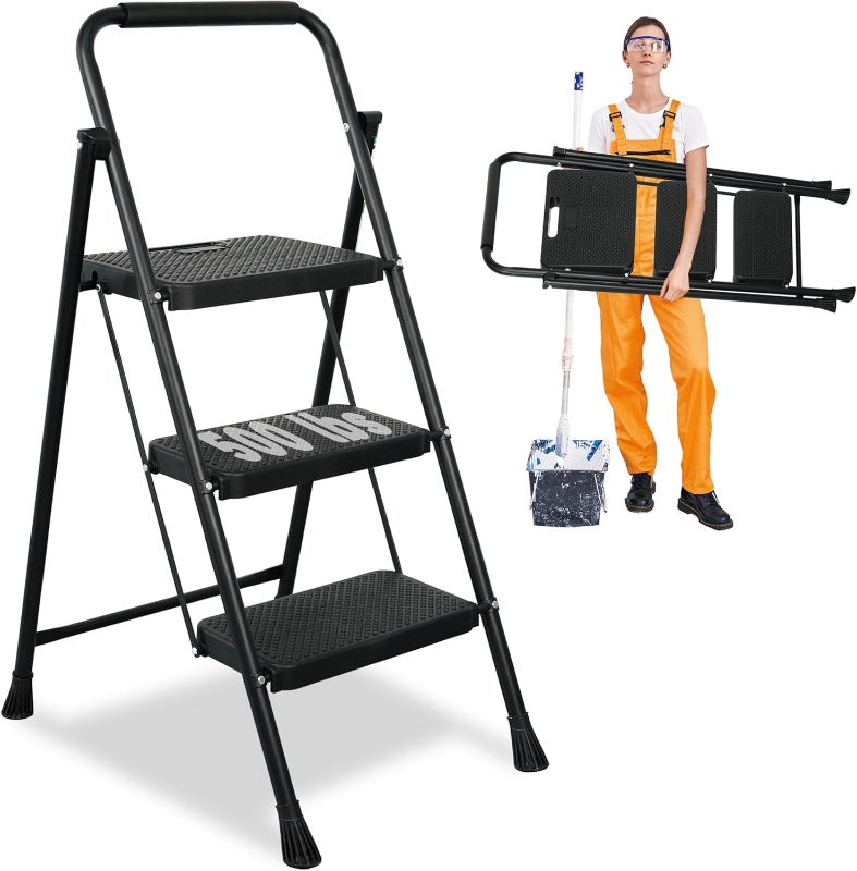 Photo 1 of 3 Step Ladder, Protable Steel Folding Stool with Wide Anti-Slip Pedal, 500lbs Sturdy Steel Ladder, Black
