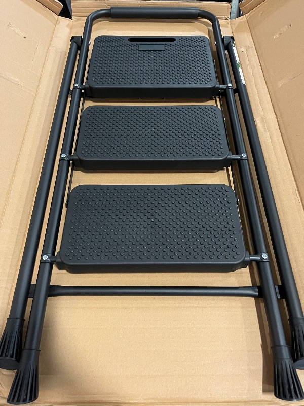 Photo 1 of 3 Step Ladder, Protable Steel Folding Stool with Wide Anti-Slip Pedal, 500lbs Sturdy Steel Ladder, Black
