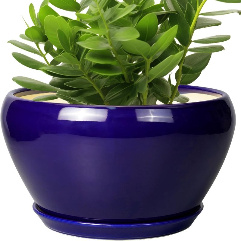 Photo 1 of Ceramic Pot for Plants - 11 Inch Modern Round Indoor Planter with Drainage Hole and Planter Saucer for Flowers, Patio Office Home Room Decor, Gardening Gifts for Women & Men, Blue
