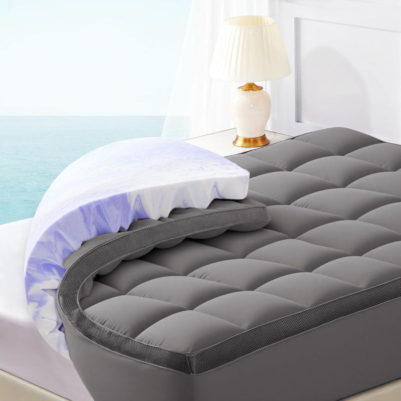 Photo 1 of Dual Layer 4 Inch Memory Foam Mattress Topper King - 2 Inch Gel Memory Foam and 2 Inch Pillow Top Mattress Pad, 7-Zone Egg Crate King Size Mattress Topper Support(Grey)